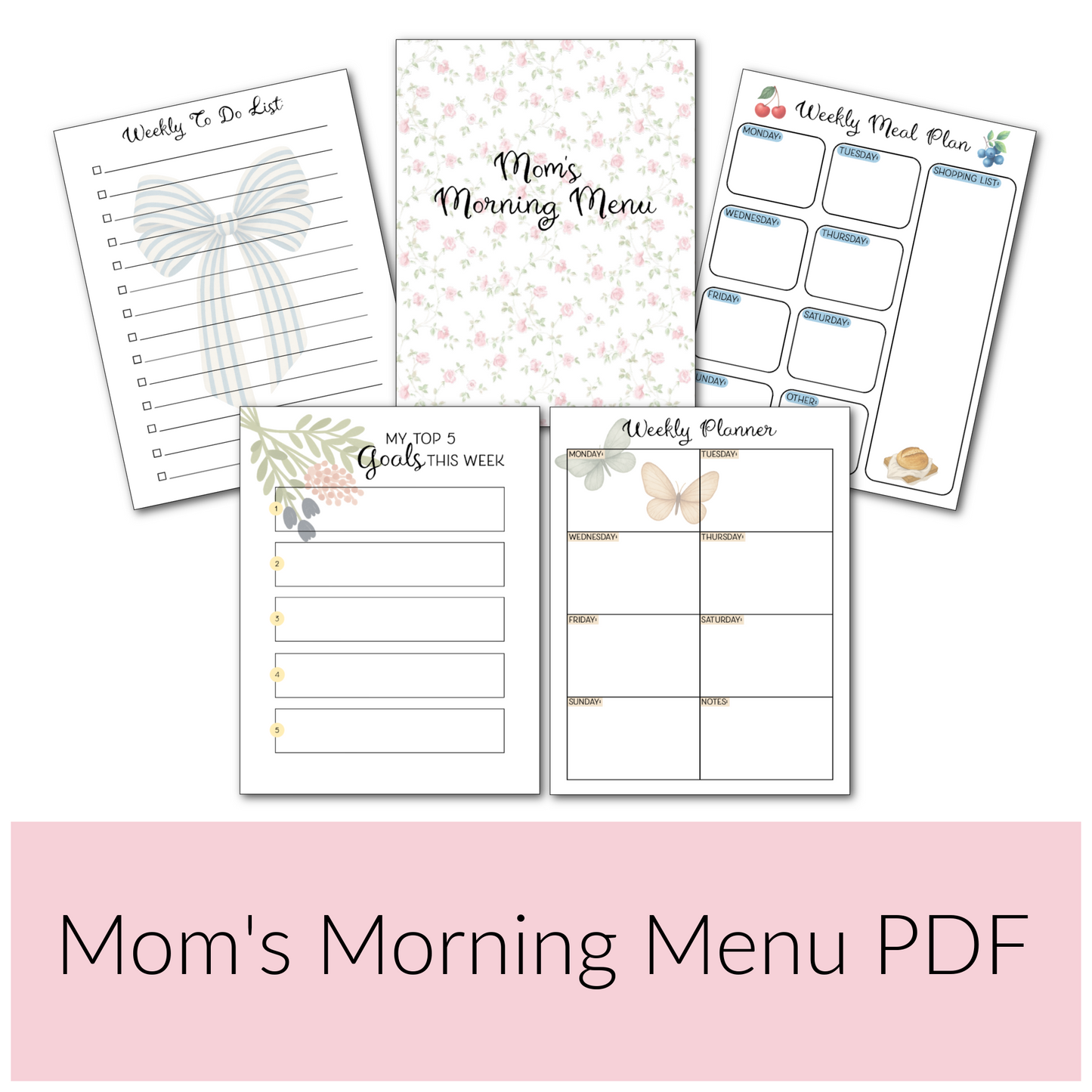 Mom’s Morning Menu | Digital PDF Download | Weekly Mom Planner with Affirmations, Gratitude, Goals & More
