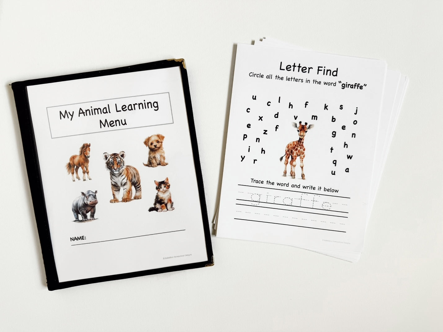 Preschool/Kindergarten Animal Learning Menu with 30 activity pages