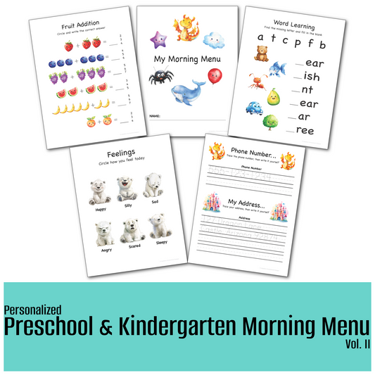 Personalized Morning Menu Volume 2 for preschoolers and kindergarteners Printable