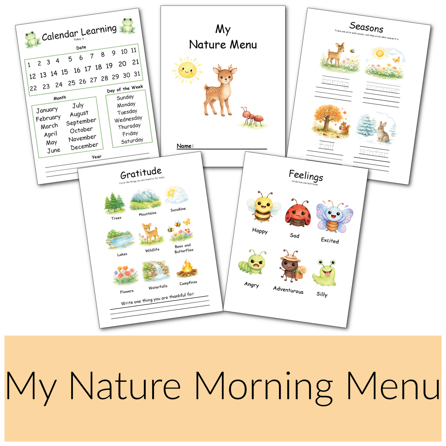 Nature Morning Menu Activity Pages| Preschool Curriculum| Toddler Busy Book|Preschool Workbook|Homeschool Curriculum