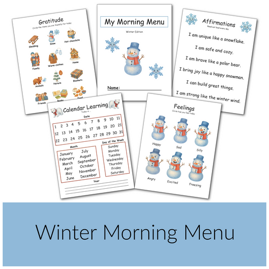 Winter Preschool Morning Menu Activity Pages Toddler Busy Book for Independent Learning and Homeschool Curriculum