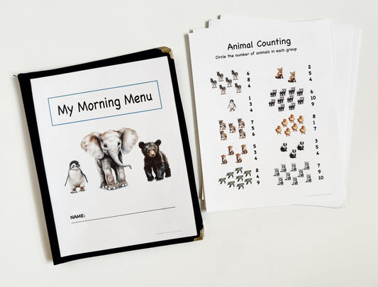 Personalized Morning Menu for preschoolers and kindergarteners including a menu cover and 27 educational pages printed on cardstock