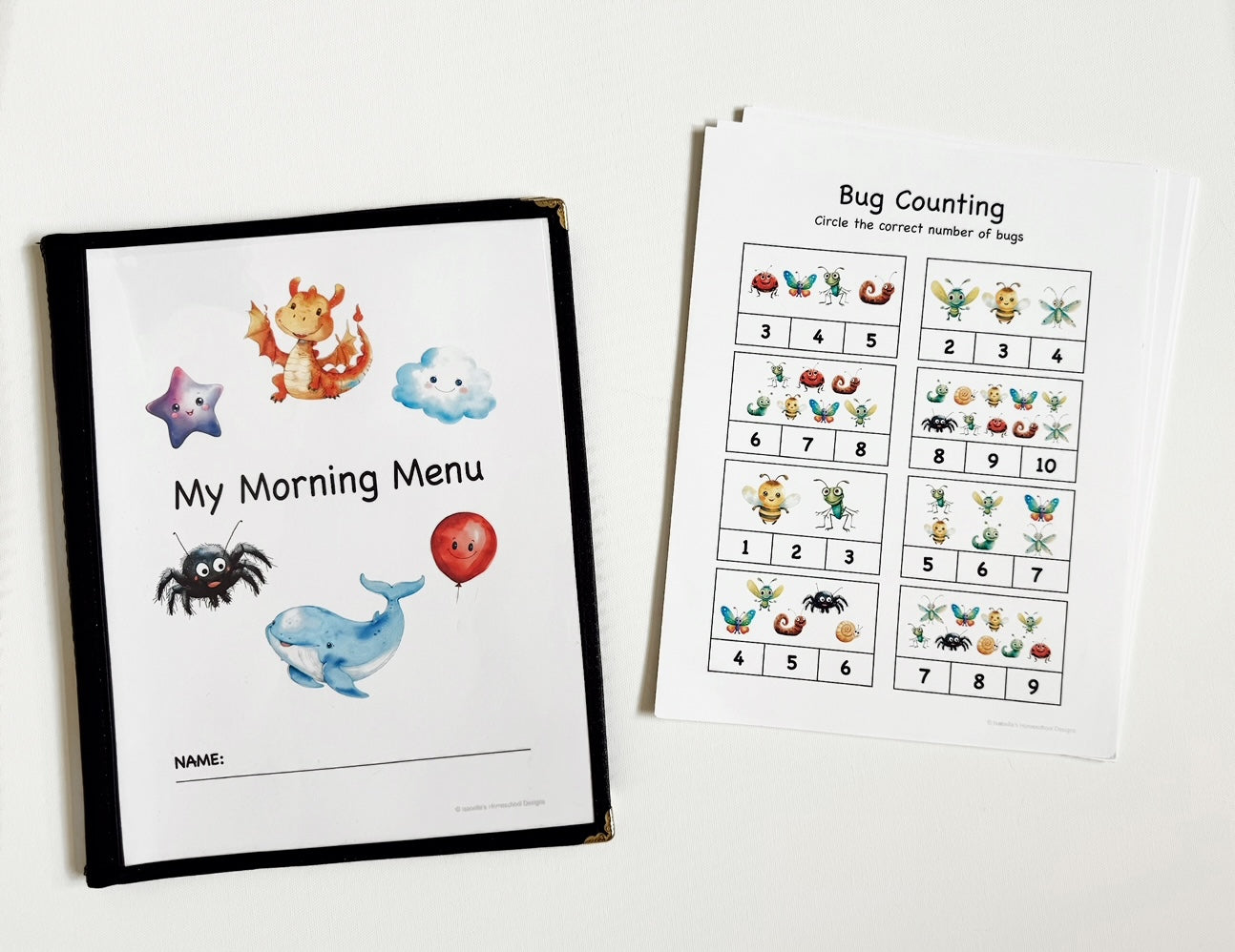 Personalized Morning Menu Volume 2 for preschoolers and kindergarteners including a menu cover and 27 educational pages printed on cardstock