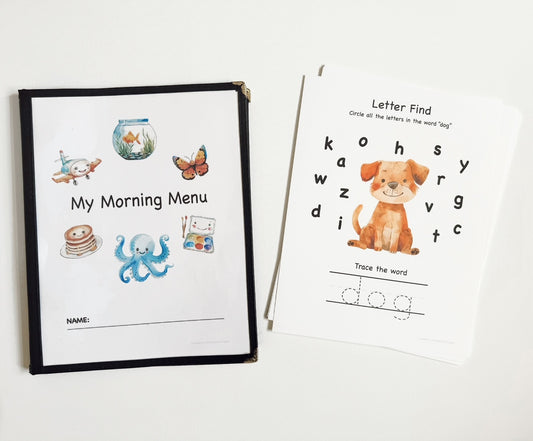 Personalized Morning Menu for Toddlers including a menu cover and 22 educational pages printed on cardstock