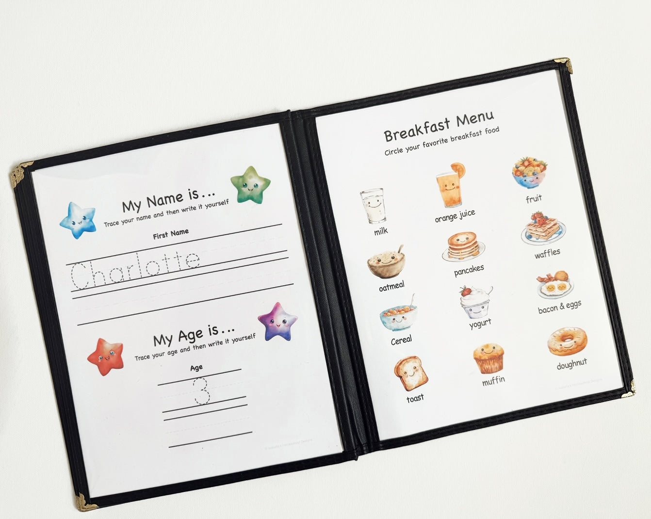 Personalized Morning Menu for Toddlers including a menu cover and 22 educational pages printed on cardstock