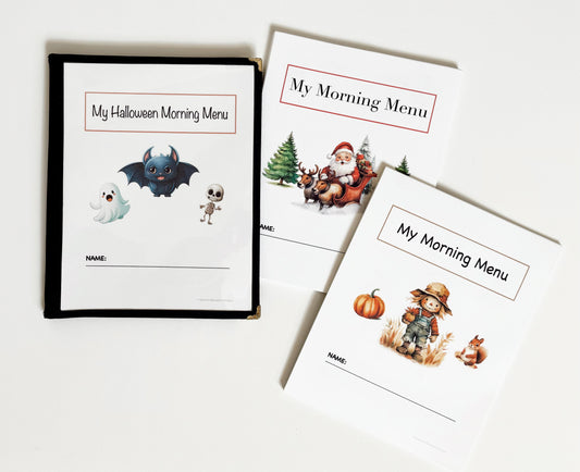 Holiday Morning Menu Bundle for Preschoolers and Kindergarteners with 63 Halloween, Thanksgiving, and Christmas Reusable Activity Pages