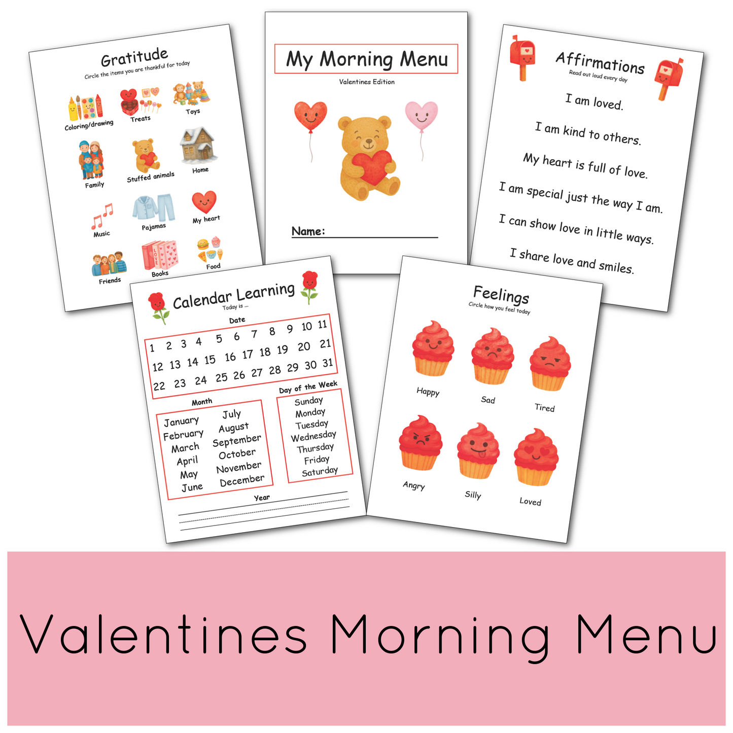 Valentines Preschool Morning Menu PDF with 18 Activity Pages for Toddlers Busy Book for Independent Learning and Homeschool