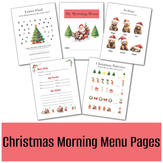 Christmas Activity Pages|Christmas Morning Menu Pages|Homeschool Morning Menu|Christmas Printables| Preschool Morning Menu