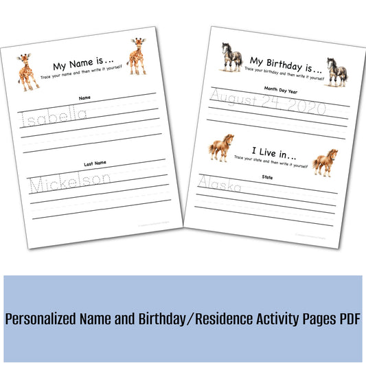 Personalized Name and Birthday/Residence Activity Pages for Morning Menu